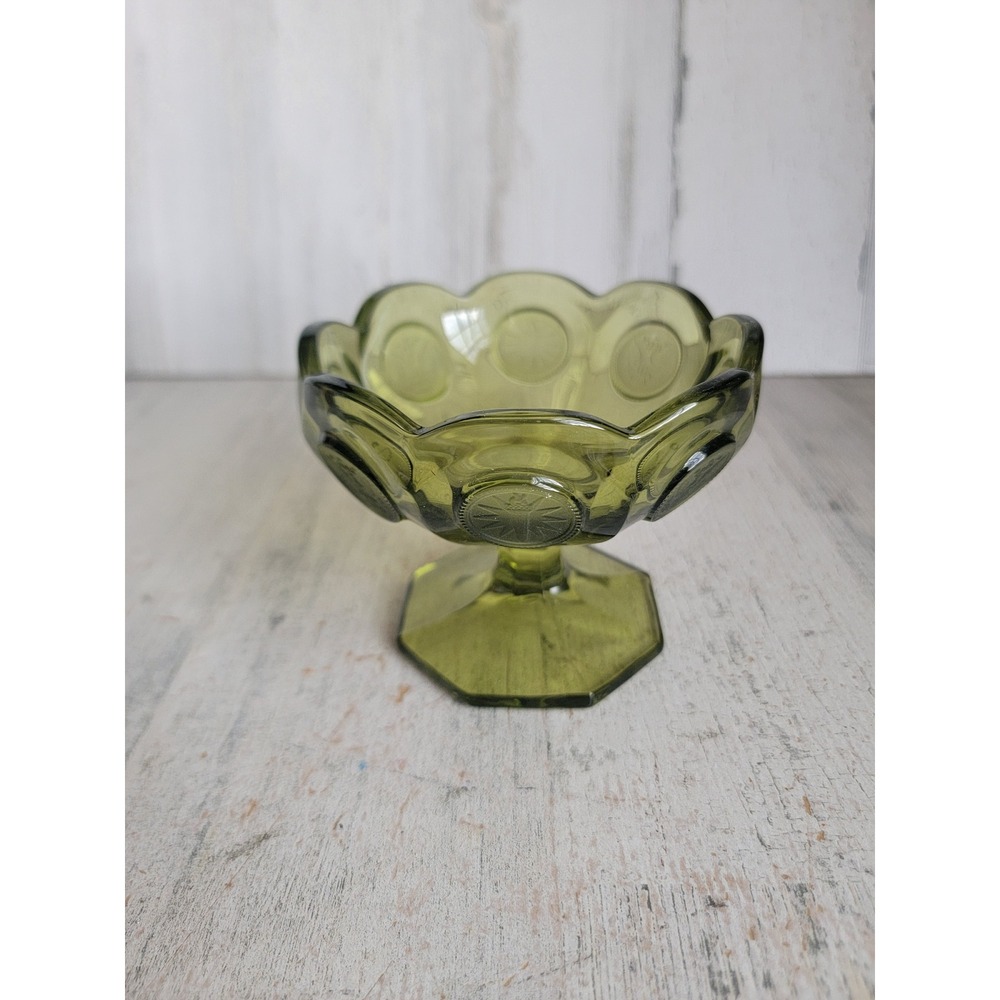 Olive green glass Liberty quarter pattern pedestal candy bowl dish home decor